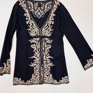 Lucky Brand Black Embroidered Boho Folk Cotton Tunic Tie Waist Medium